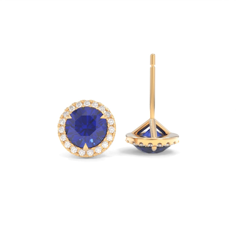Halo Studs - 6.5mm Round Lab Grown Blue Sapphires - 18K Champagne Gold