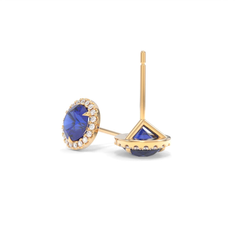 Halo Studs - 6.5mm Round Lab Grown Blue Sapphires - 18K Champagne Gold
