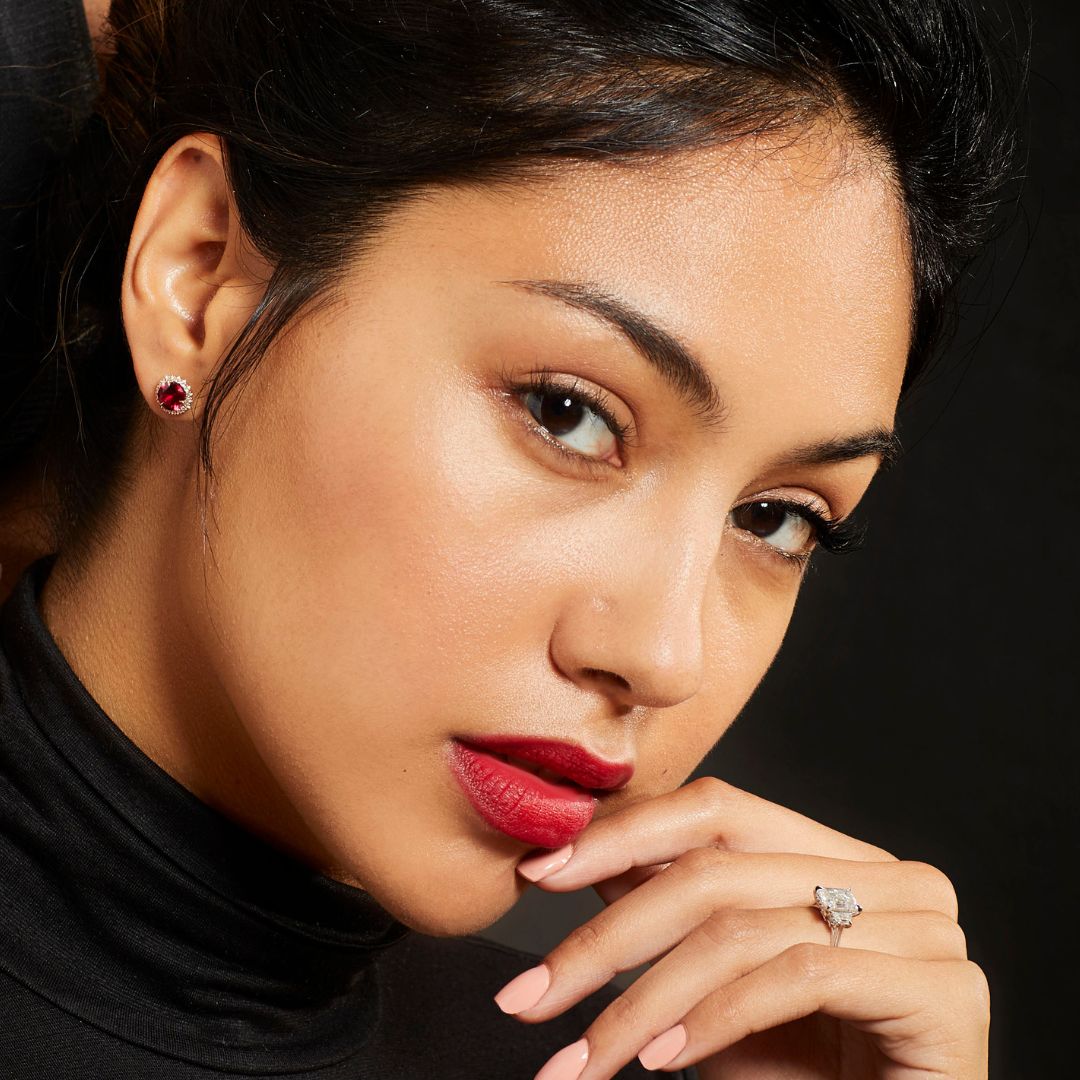 Halo Studs - 6.5mm Round Lab Grown Rubies - 18K Champagne Gold