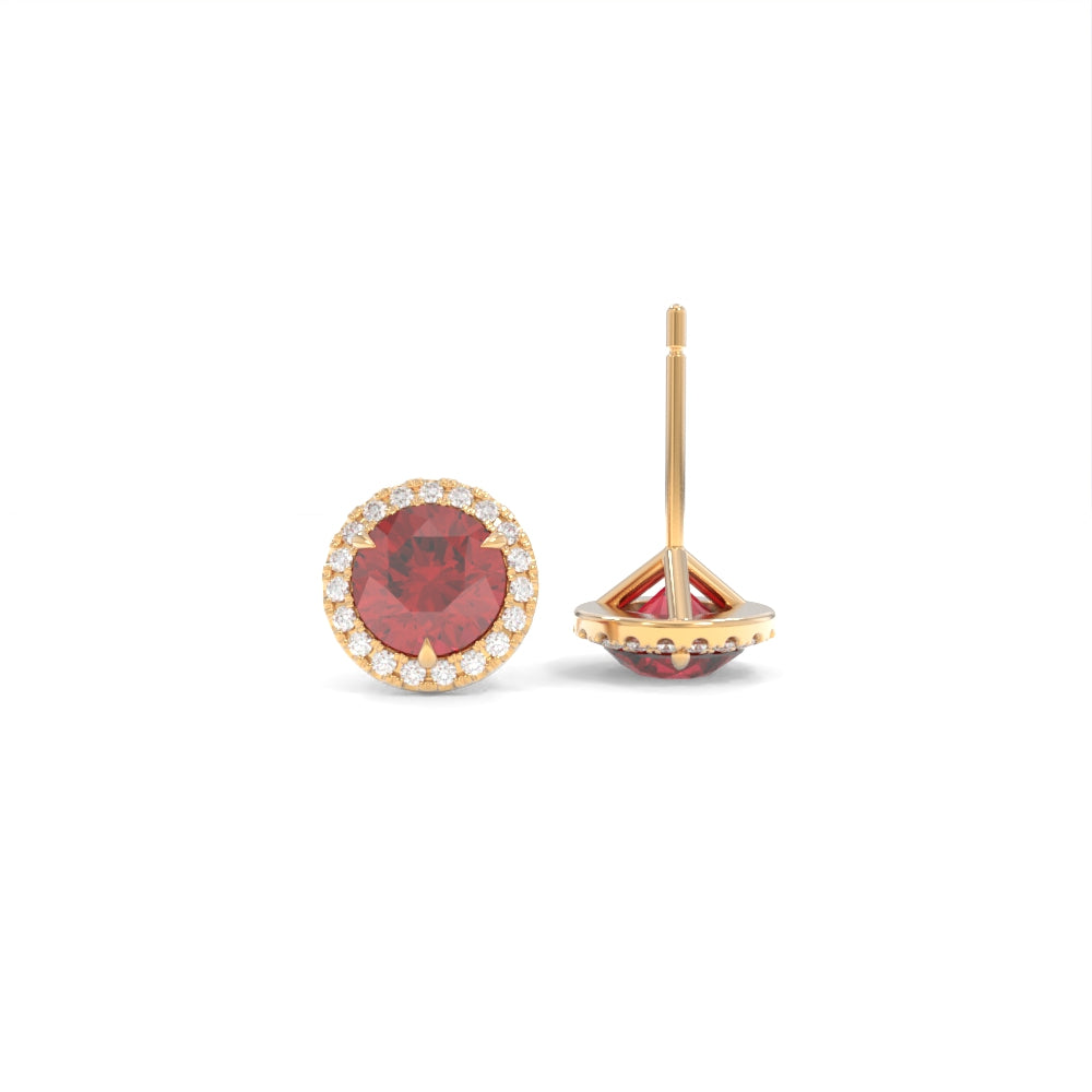Halo Studs - 6.5mm Round Lab Grown Rubies - 18K Champagne Gold